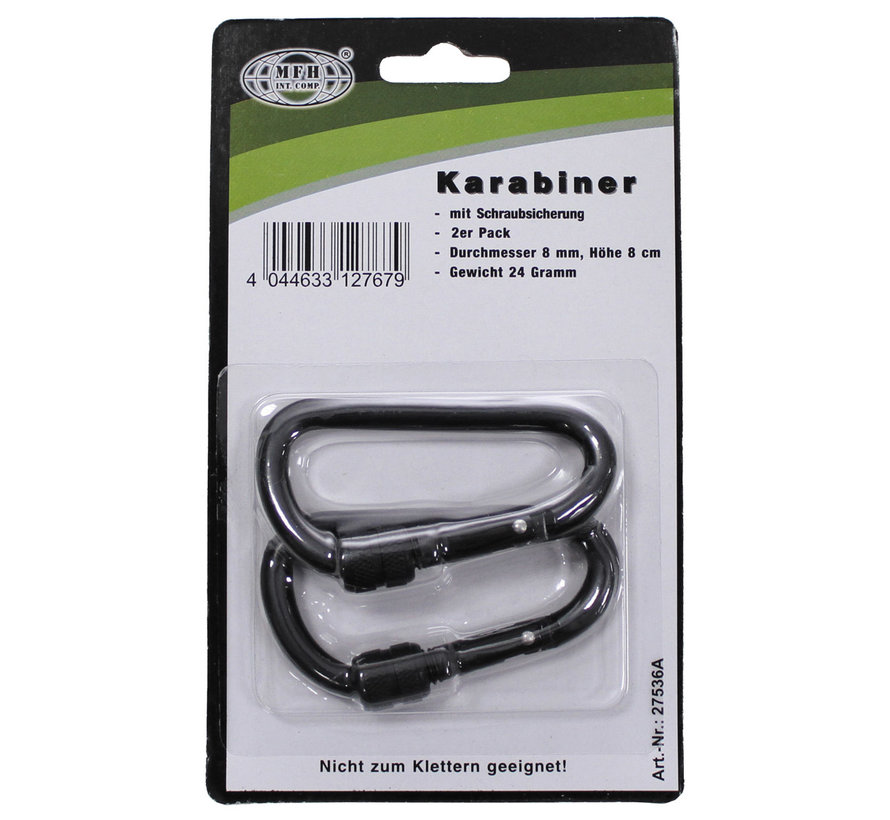 MFH - Carabiner  -  schroefslot  -  D 8 mm x 8 cm  -  2-pack  -  Zwarte