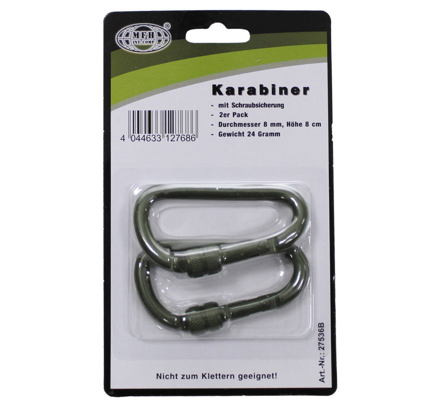 MFH - Karabiner -  Schraubverschluss -  D 8 mm x 8 cm -  2er Pack -  oliv