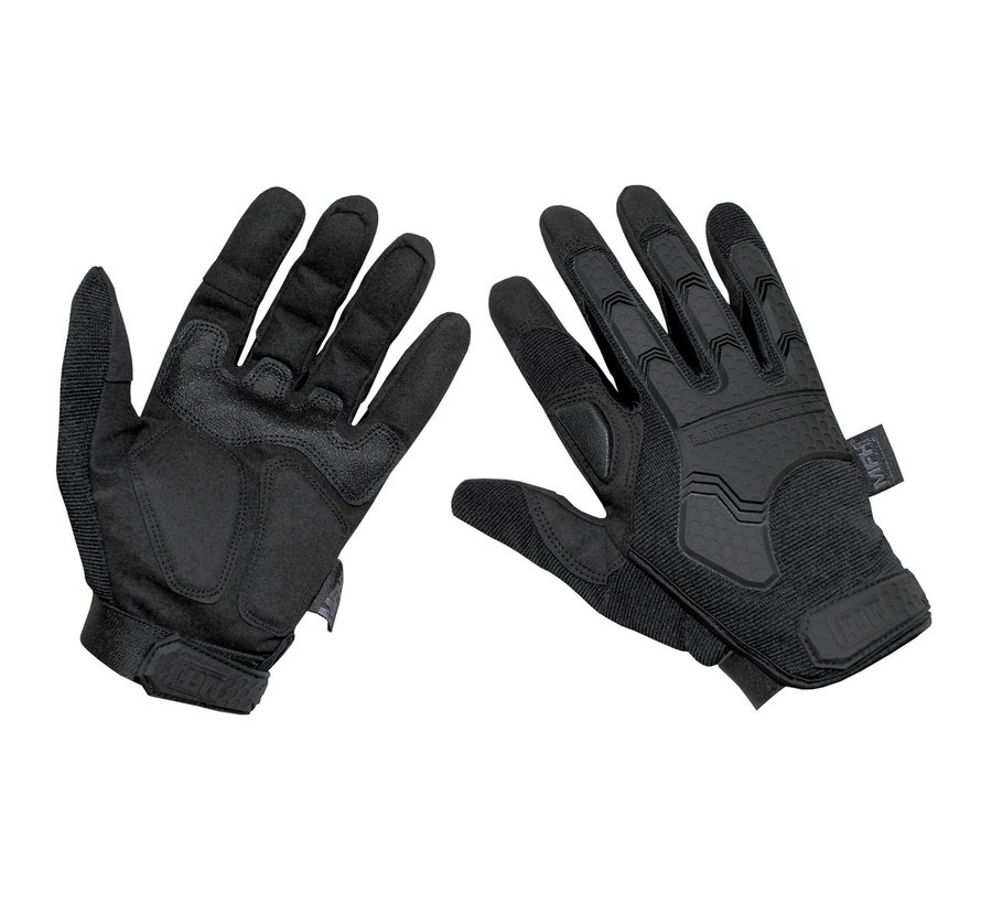 Schwarze taktische Handschuhe "Attack" mit verstellbarem Armband von Velcro.
