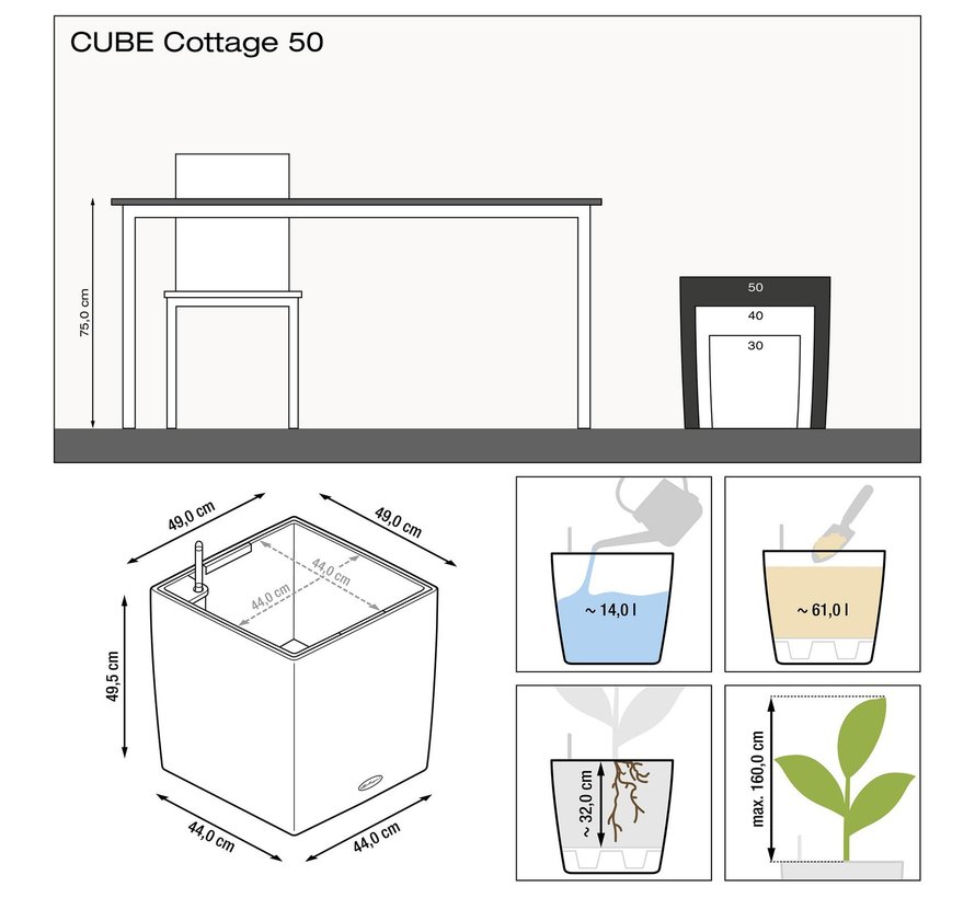 Lechuza - Pflanzgefäß CUBE COTTAGE 50 sandbraunALL-IN-ONE Set