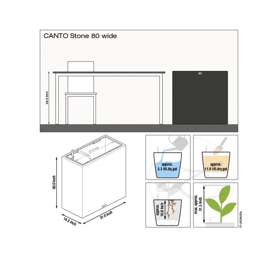 Lechuza - Pflanzgefäß CANTO STONE 80 Wide quarz weiß ALL-IN-ONE Set