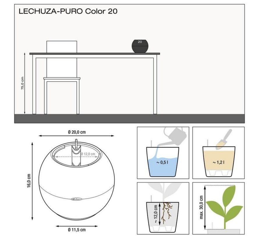 Lechuza - tafelpot  PURO COLOR 20 Grafietzwart ALL-IN-ONE set - Limited Edition