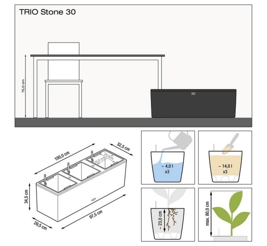 Lechuza - plantenbak TRIO STONE 30 steengrijs ALL-IN-ONE set