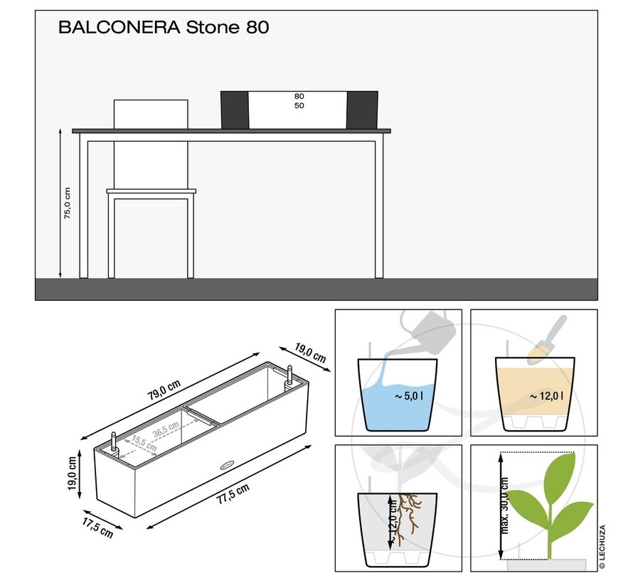 Lechuza - Pflanzgefäß BALCONERA STONE 80 quartz weiß ALL-IN-ONE Set