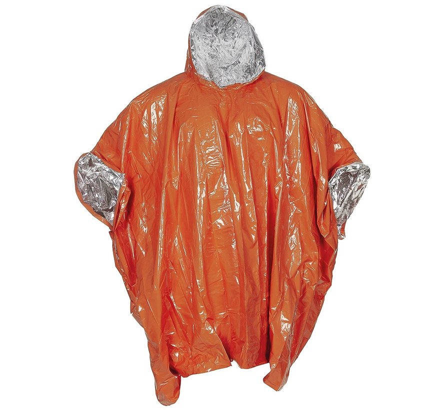Oranje regenponcho voor noodgevallen. Eenzijdig gecoat met aluminium.