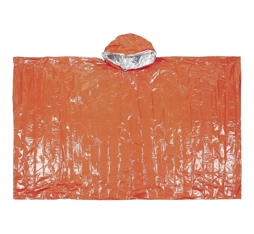 Poncho de pluie d'urgence orange. Recouvert d'un côté d'aluminium.