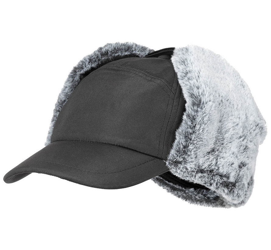 Schwarze "Trapper"-Wintermütze mit Ohrenklappen und Kunstfell