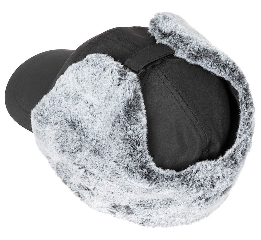 Schwarze "Trapper"-Wintermütze mit Ohrenklappen und Kunstfell