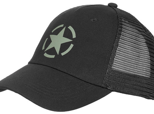 MFH Schwarze "Trucker" Unisex-Mütze. Robuste und sportliche Kappe mit verstellbarem Druckknopfverschluss.