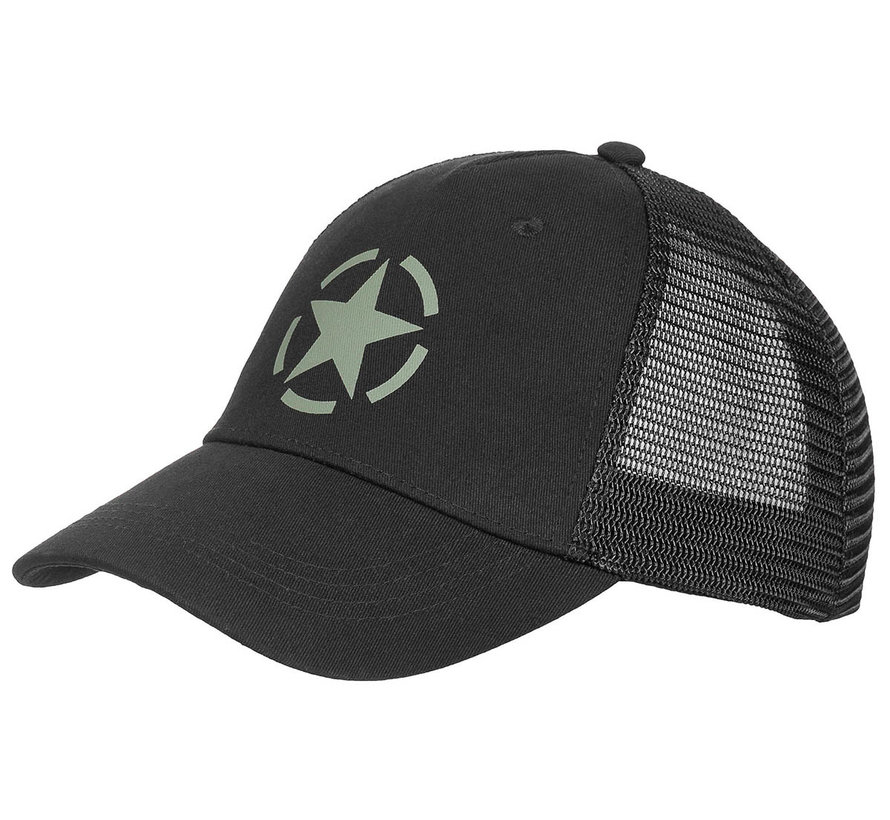 Zwarte "Trucker" unisex cap . Stoere en sportieve cap met verstelbare  kliksluiting.