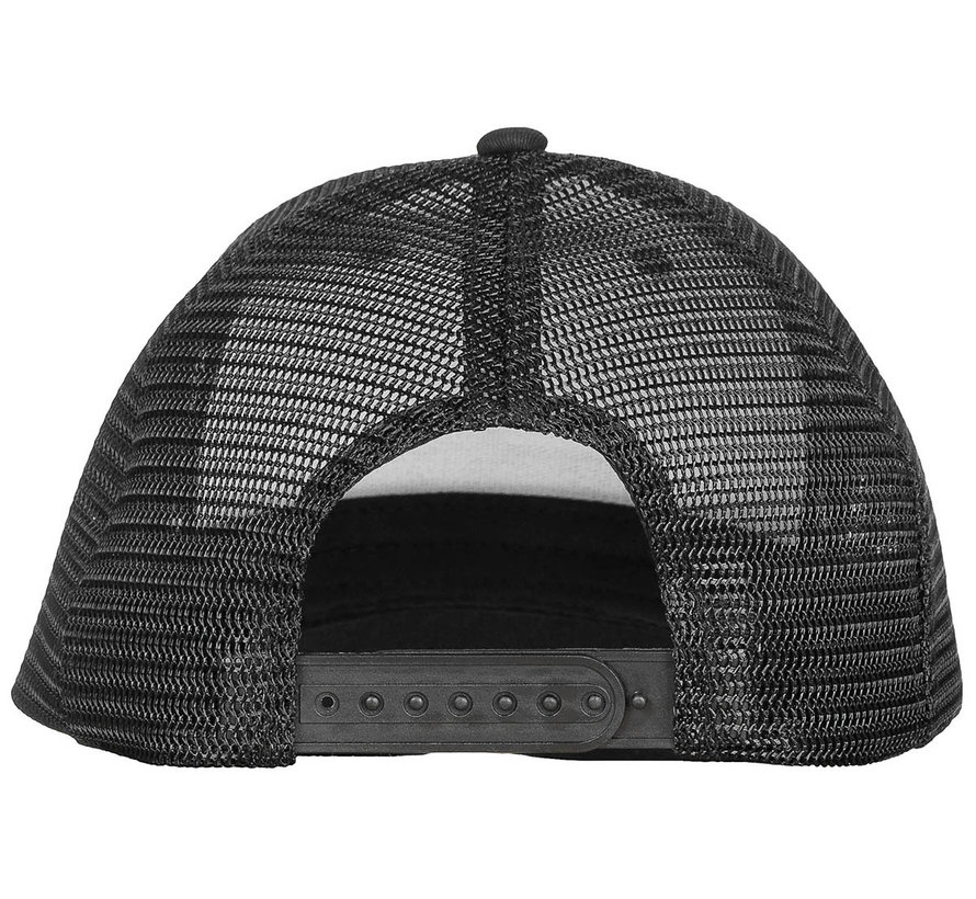 Schwarze "Trucker" Unisex-Mütze. Robuste und sportliche Kappe mit verstellbarem Druckknopfverschluss.