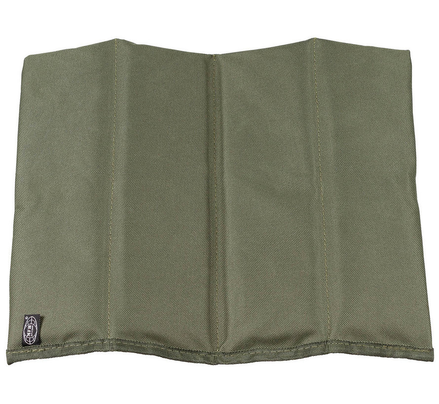 Coussin de siège thermo vert armée pliable. Idéal pour les activités en déplacement et de plein air.