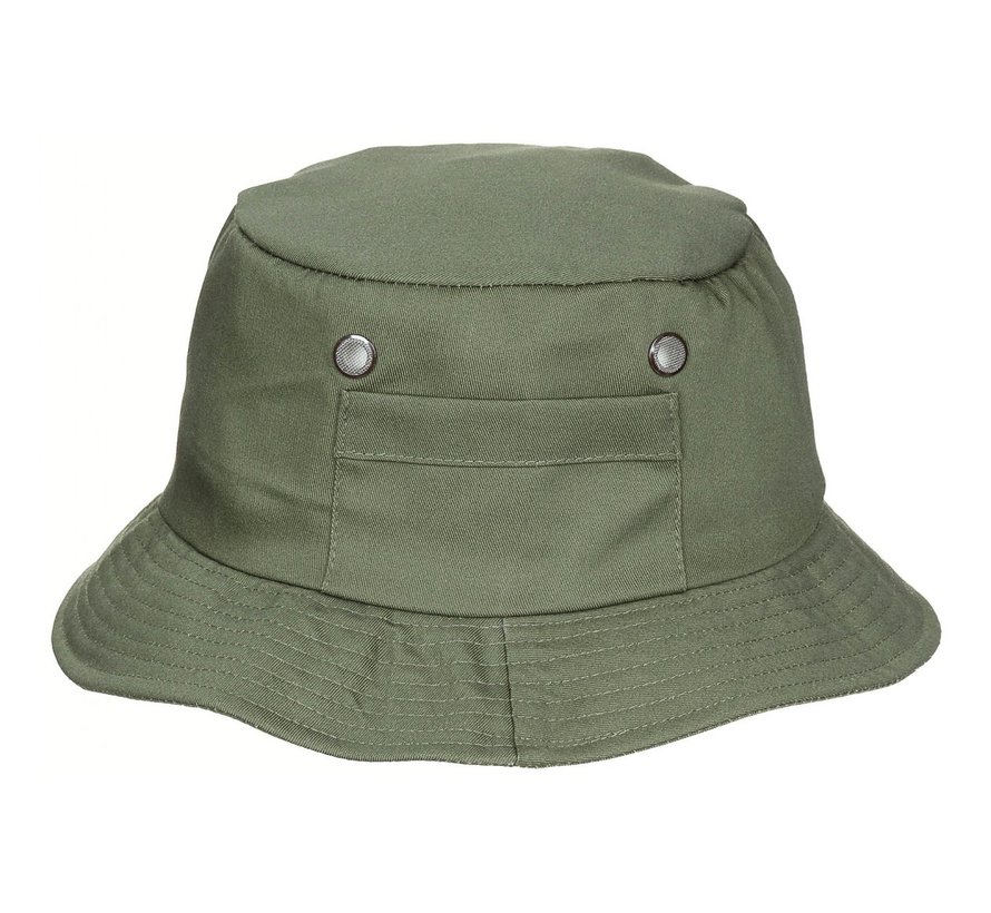 Chapeau de pêcheur avec petite poche latérale et fermeture éclair dans la couleur vert olive