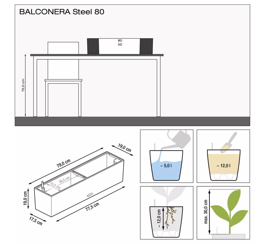 Lechuza - planteur BALCONERA STEEL 80 - en acier inoxydable microbillé - ALL-IN-ONE set