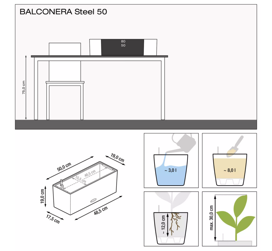 Lechuza - plantenbak BALCONERA STEEL 50 - RVS Edelstahl - ALL-IN-ONE set