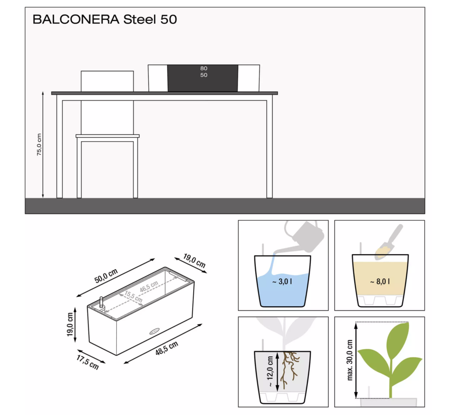 Lechuza - planteur BALCONERA STEEL 50 - en acier inoxydable microbillé - ALL-IN-ONE set