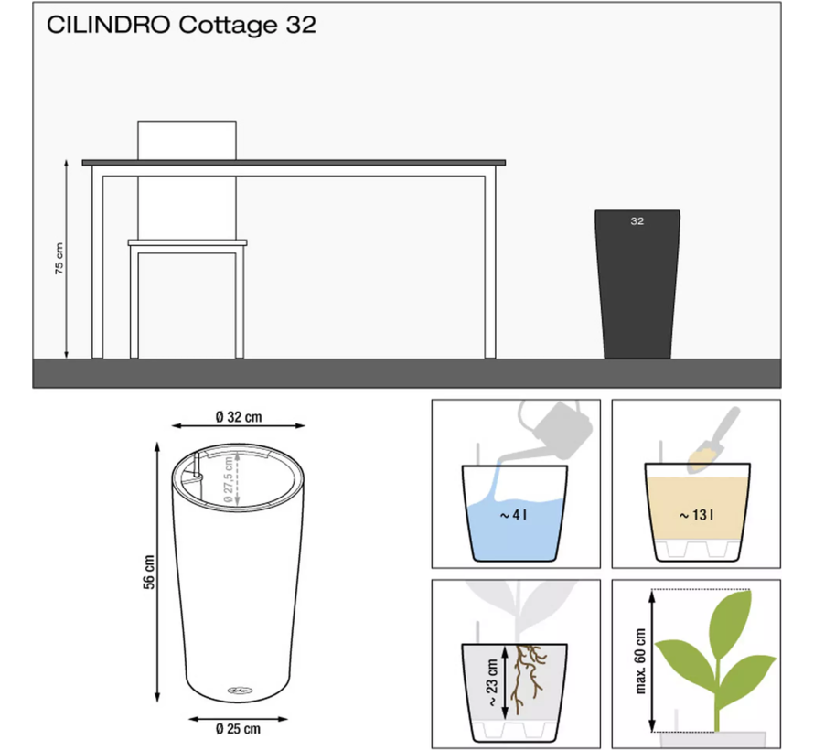 Lechuza - Pflanzgefäß CILINDRO COTTAGE 32 mokka ALL-IN-ONE Set