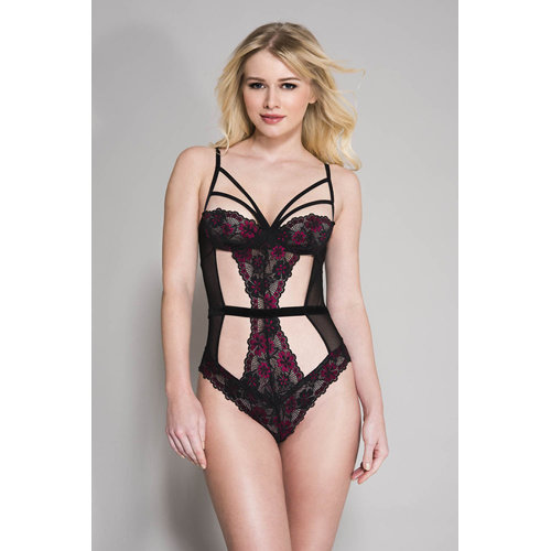 Music Legs Body aus Spitze und Netzstoff mit rosa Blütendetails Music Legs Body aus Spitze und Netzstoff mit rosa Blütendetails