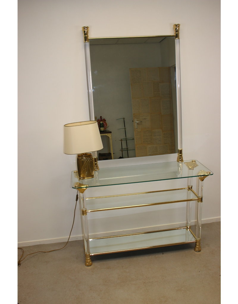 Plexiglass Golden Side Table With Matching Mirror Brocanteschuur