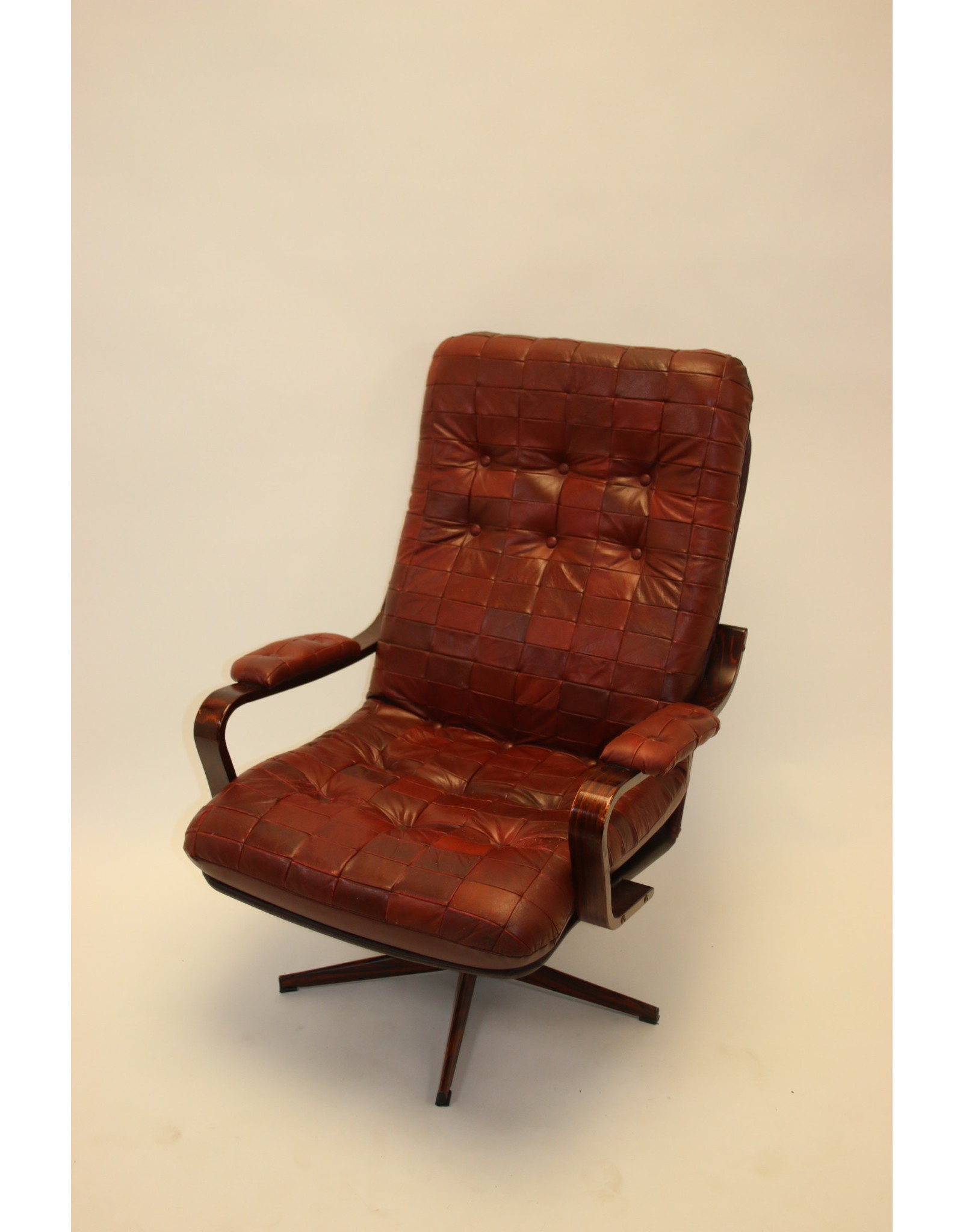 swedish red leather patches armchair rotatable