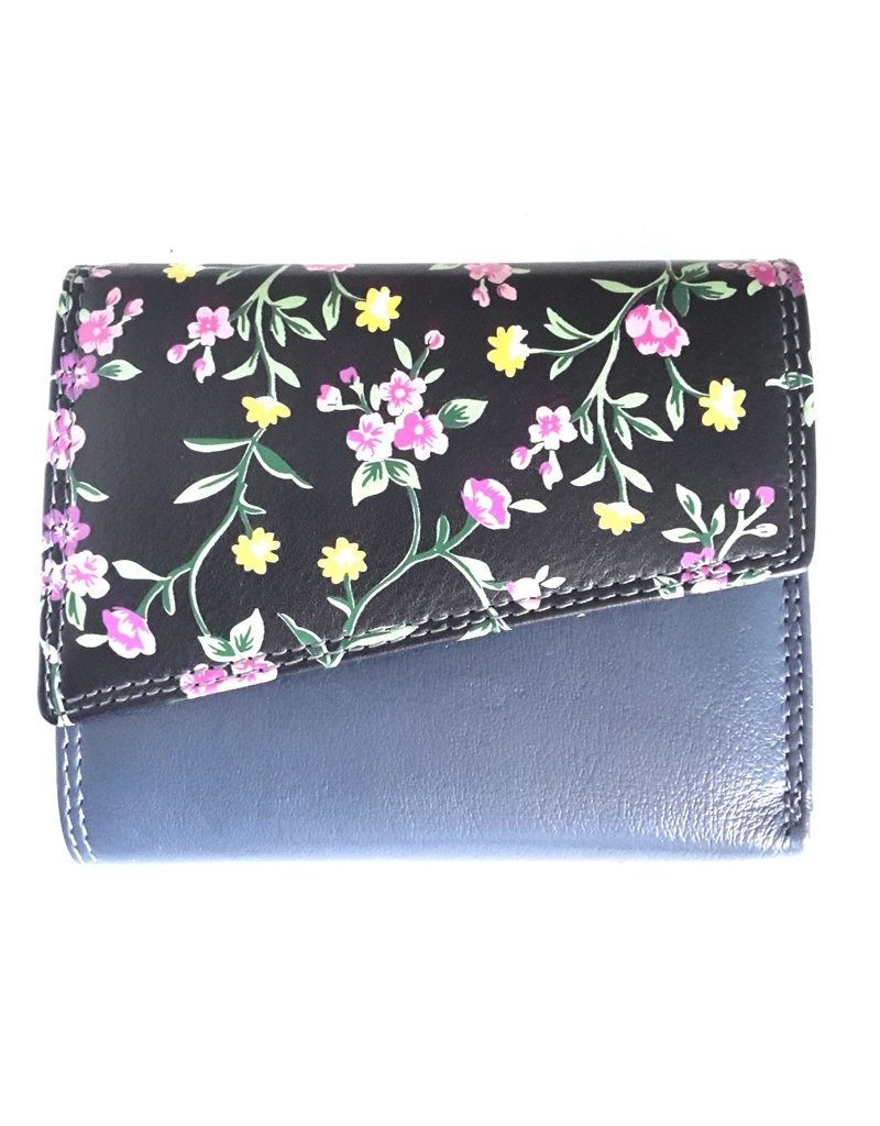 Leather wallet with floral print on the cover in dark blue and black ...