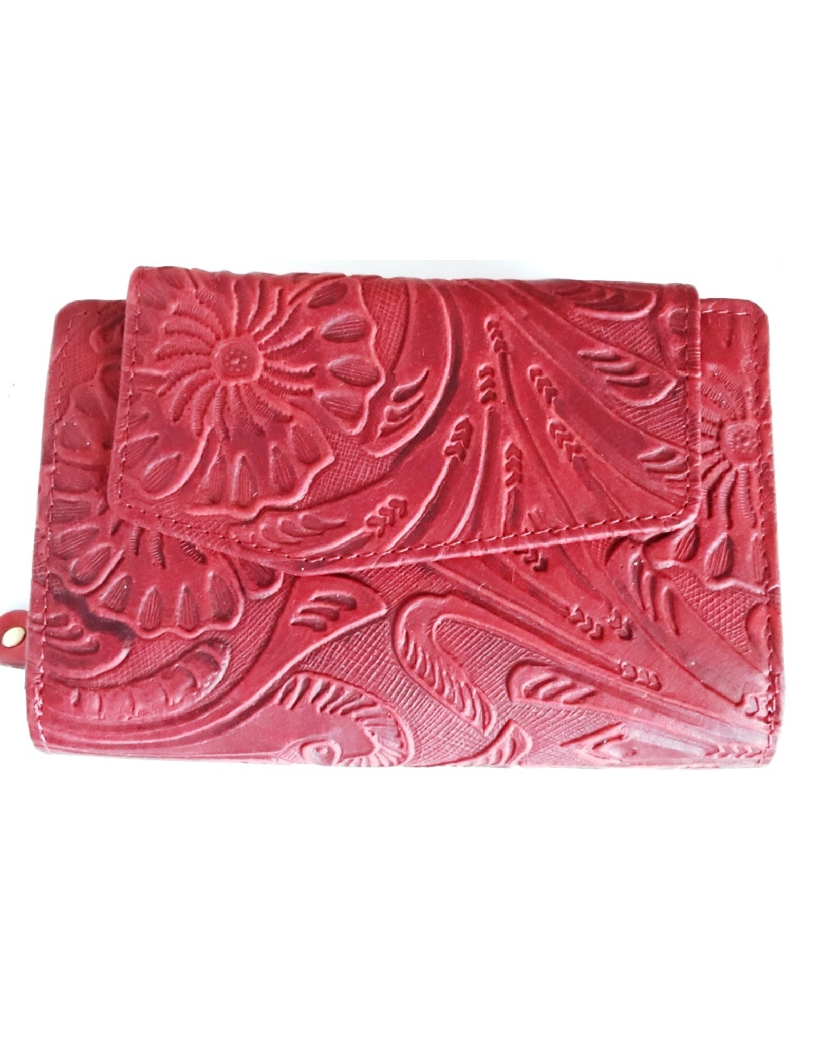 HillBurry Leather Wallets - HillBurry leather wallet with pressed floral pattern in red