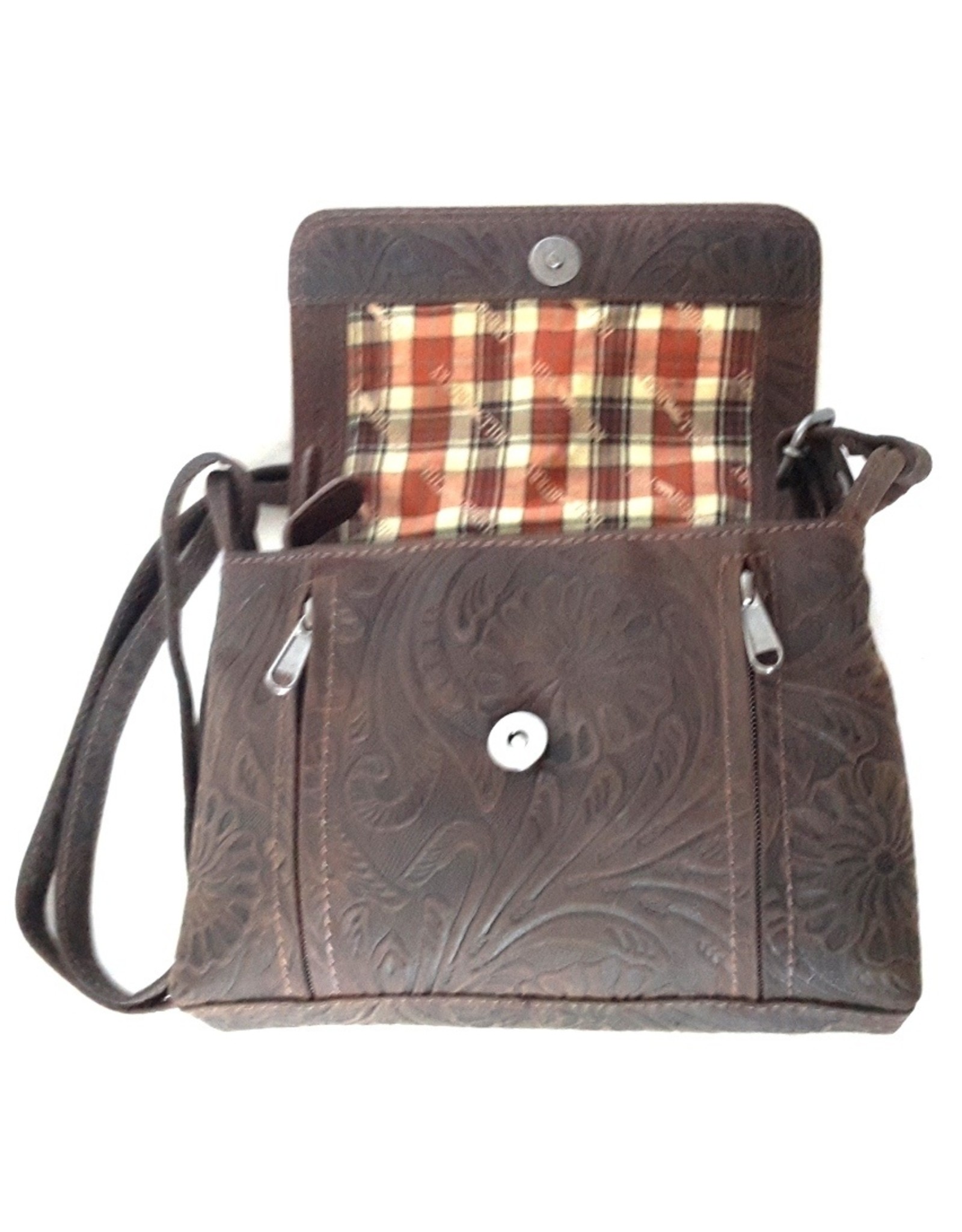 HillBurry Leather shoulder bags Leather crossbody bags - HillBurry shoulder bag with embossed flowers (dark brown)