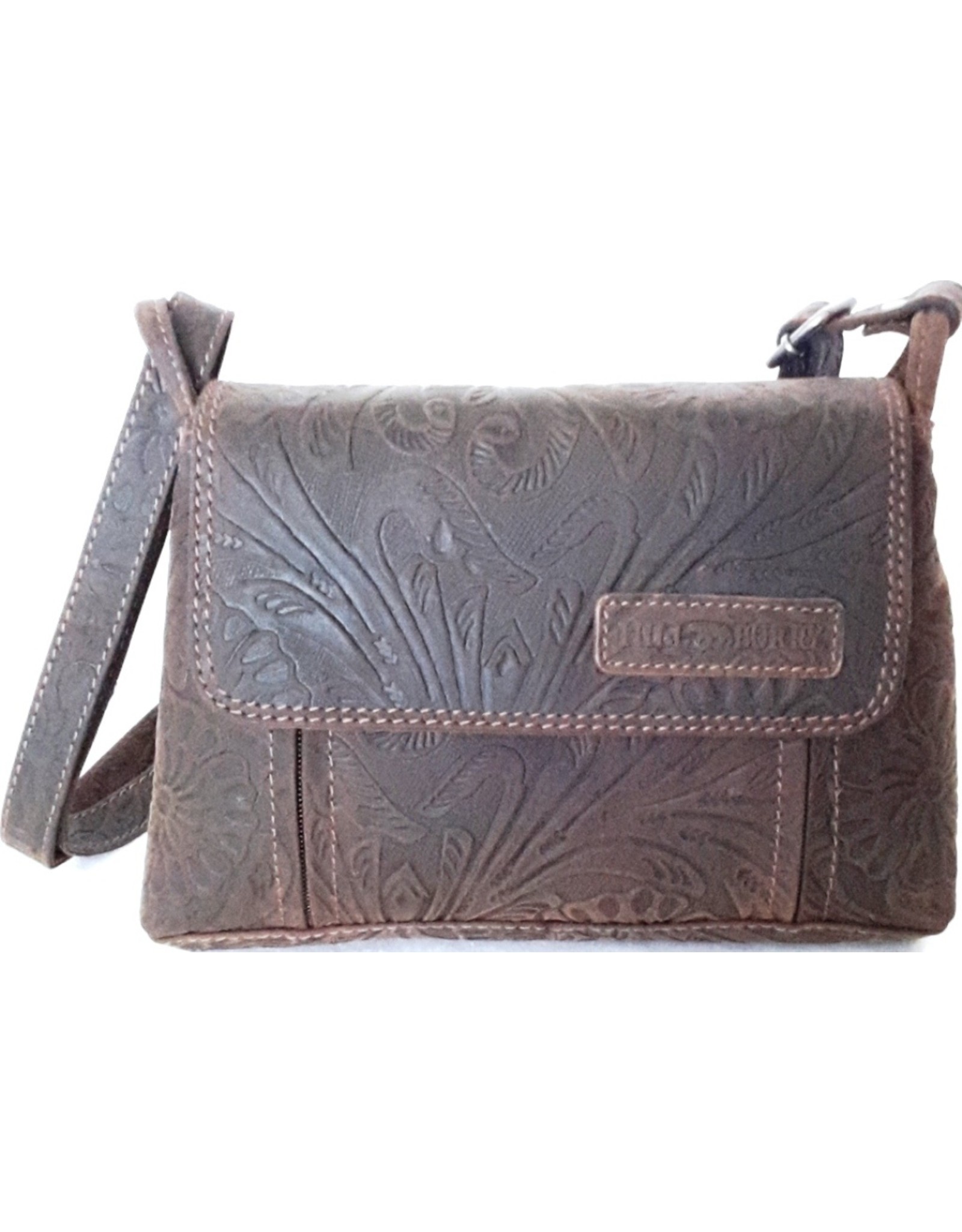 HillBurry Leather shoulder bags Leather crossbody bags - HillBurry shoulder bag with embossed flowers (dark brown)