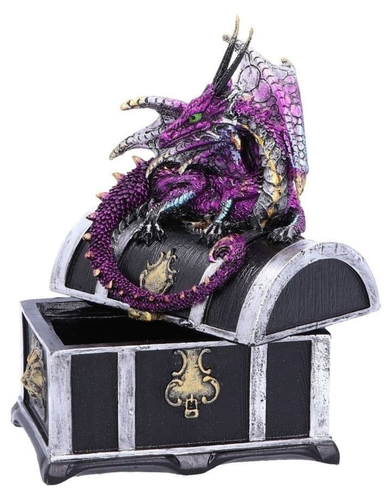 Alator Gothic and Steampunk accessories -  Treasure chest with purple dragon on it - Reptillian Riches - Nemesis Now