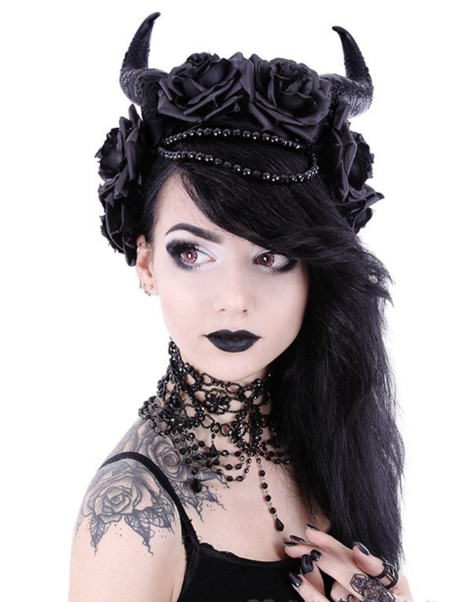 Restyle Gothic en Steampunk accessoires - Lange Hoorns met rozen haarband Evil Queen