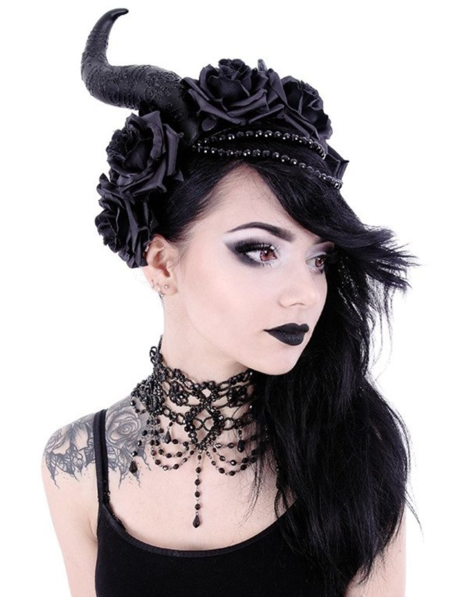 Restyle Gothic and Steampunk accessories - Long Horns with roses haarband Evil Queen