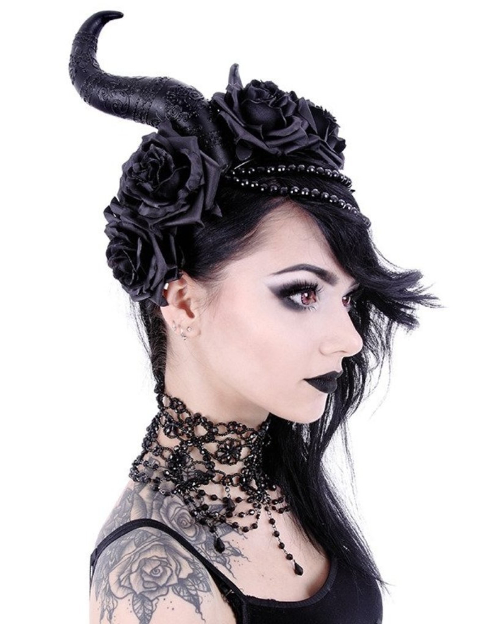 Restyle Gothic en Steampunk accessoires - Lange Hoorns met rozen haarband Evil Queen