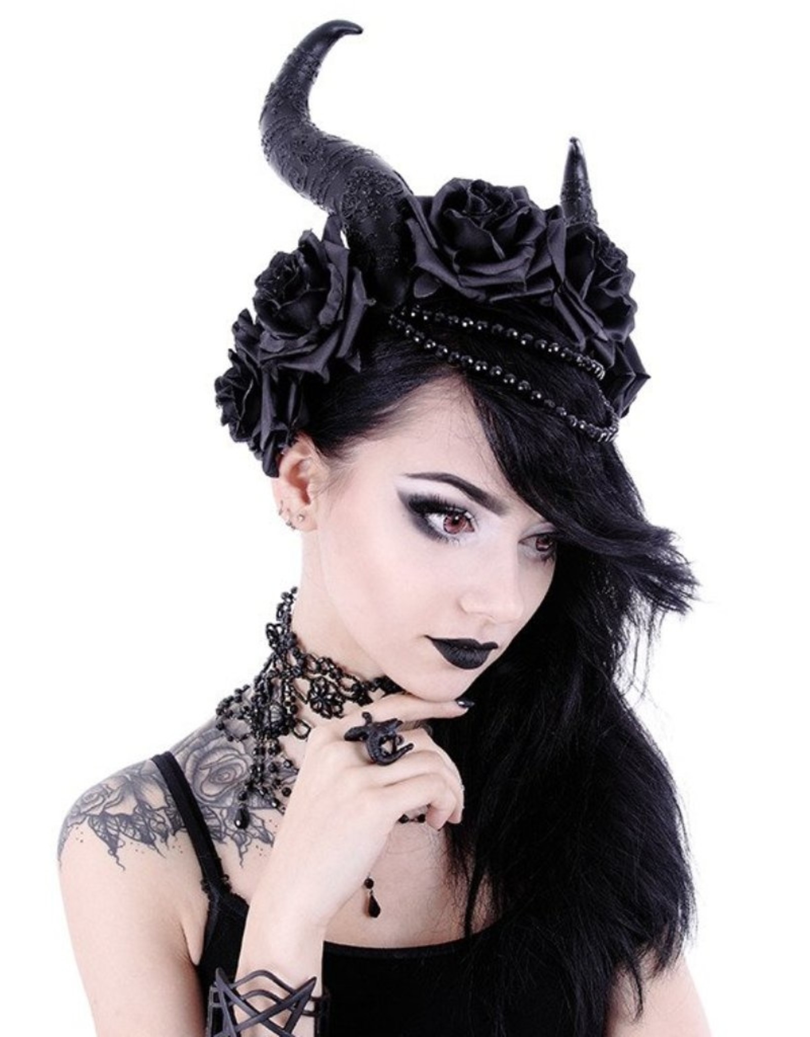 Restyle Gothic en Steampunk accessoires - Lange Hoorns met rozen haarband Evil Queen