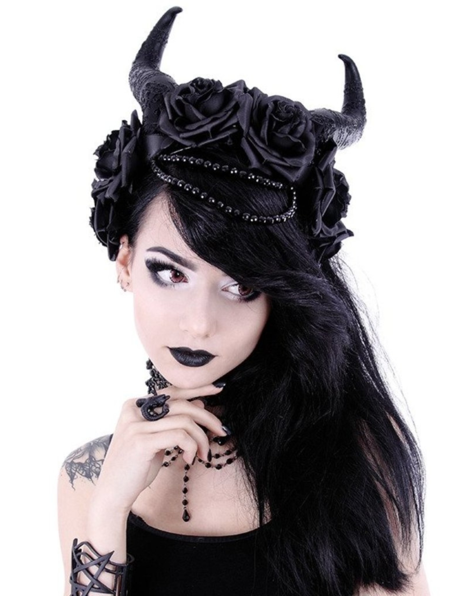 Restyle Gothic and Steampunk accessories - Long Horns with roses haarband Evil Queen