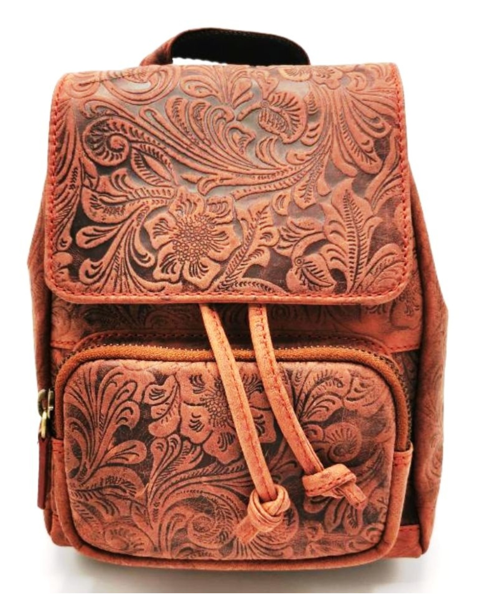 Hunters Leather backpacks  and leather shoppers - Leather Backpack with Relief Flower pattern vintage red