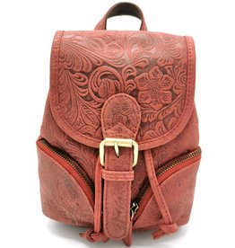 Hunters Leather Backpack with Relief Flower pattern red