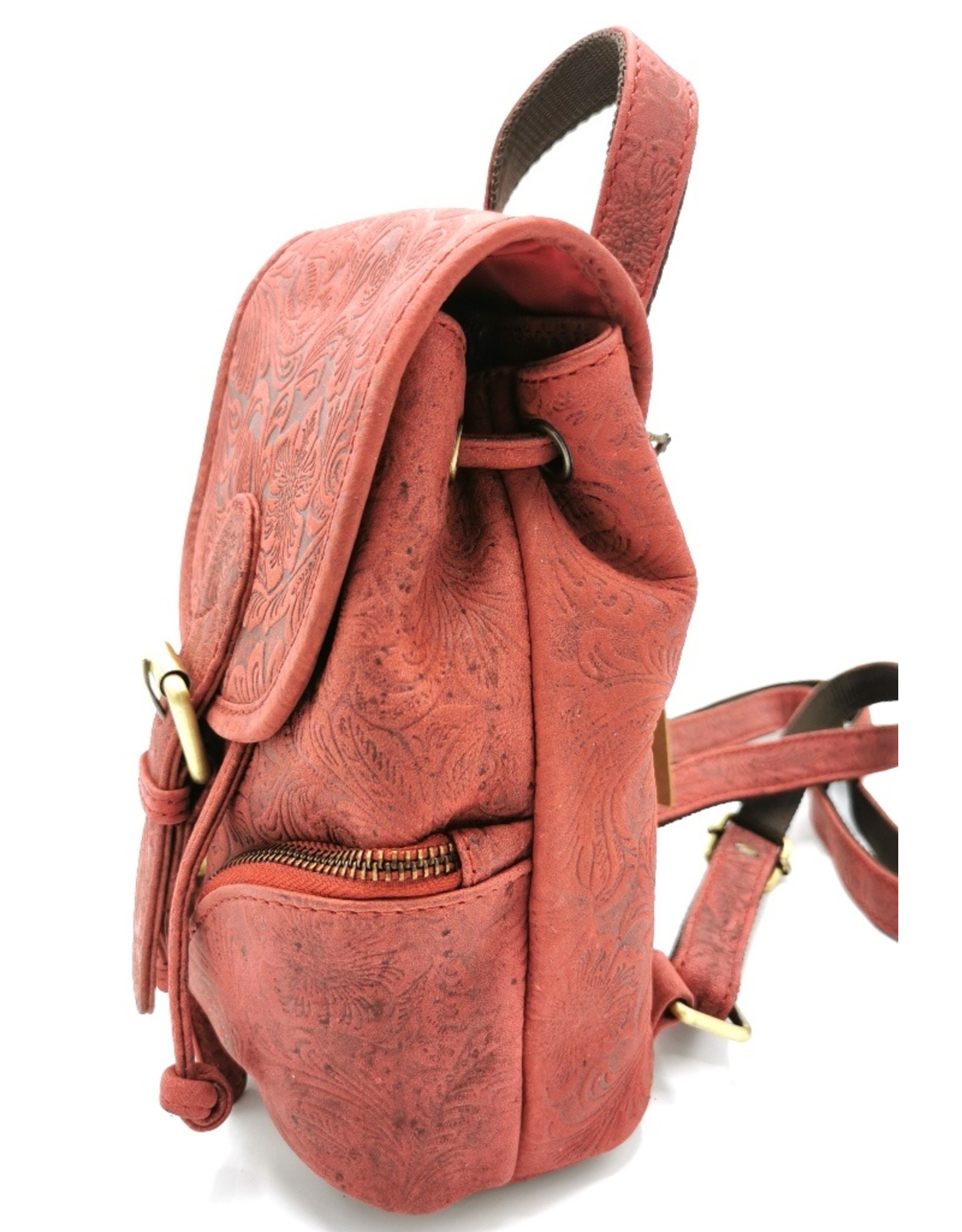 Hunters Leather backpacks  and leather shoppers - Leather Backpack with Relief Flower pattern red