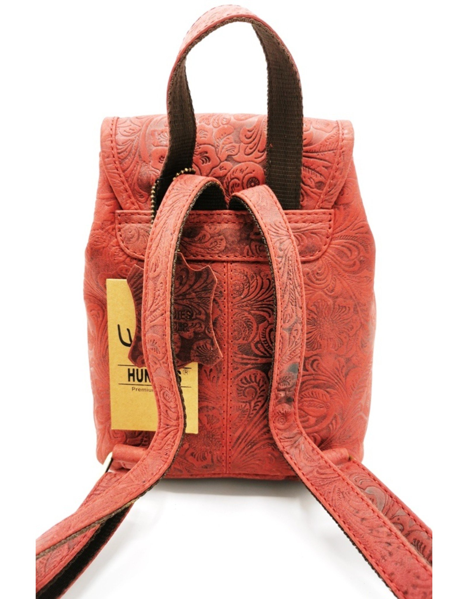 Hunters Leather backpacks  and leather shoppers - Leather Backpack with Relief Flower pattern red