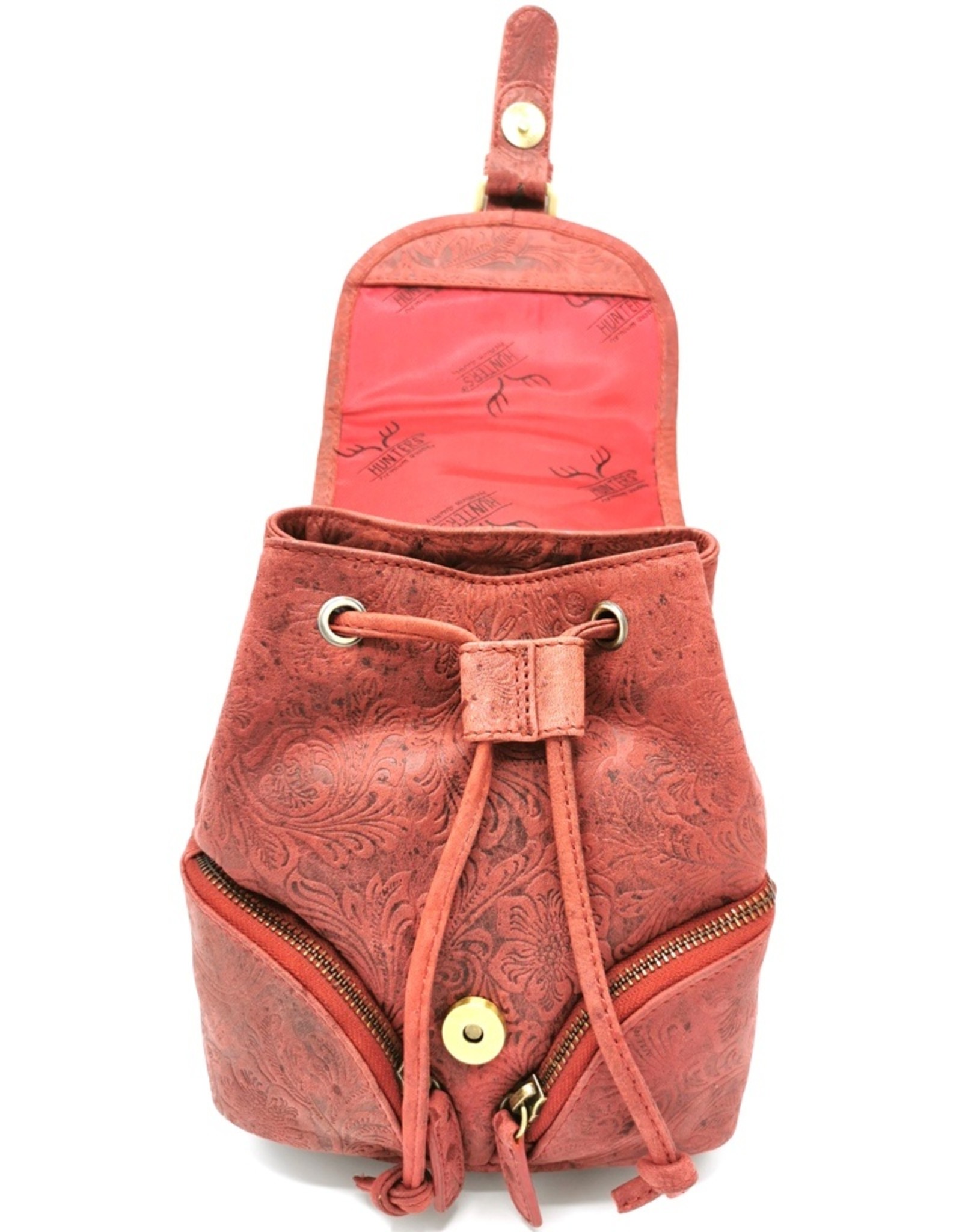 Hunters Leather backpacks  and leather shoppers - Leather Backpack with Relief Flower pattern red