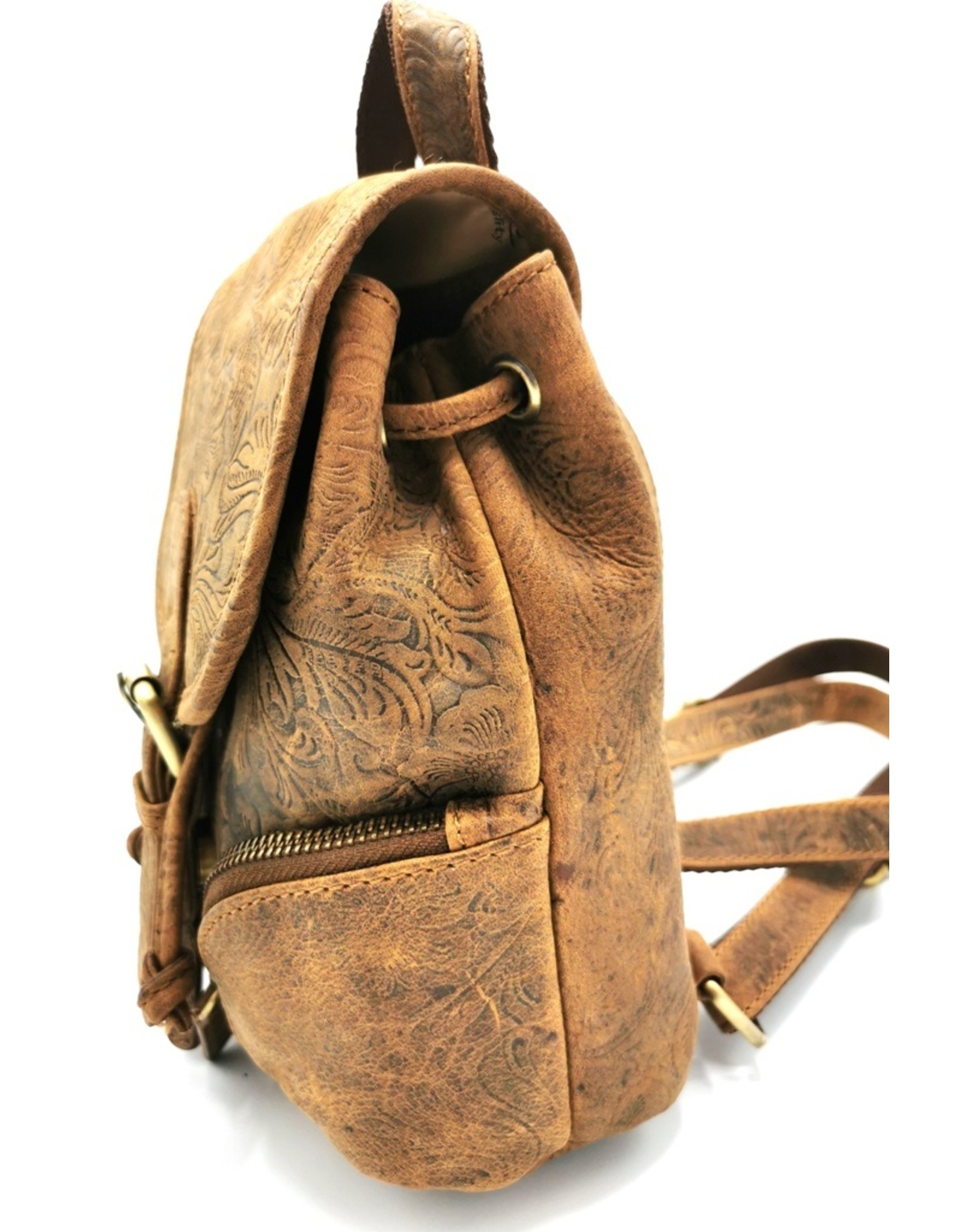 Hunters Leather backpacks  and leather shoppers - Leather Backpack with Relief Flower pattern Natural