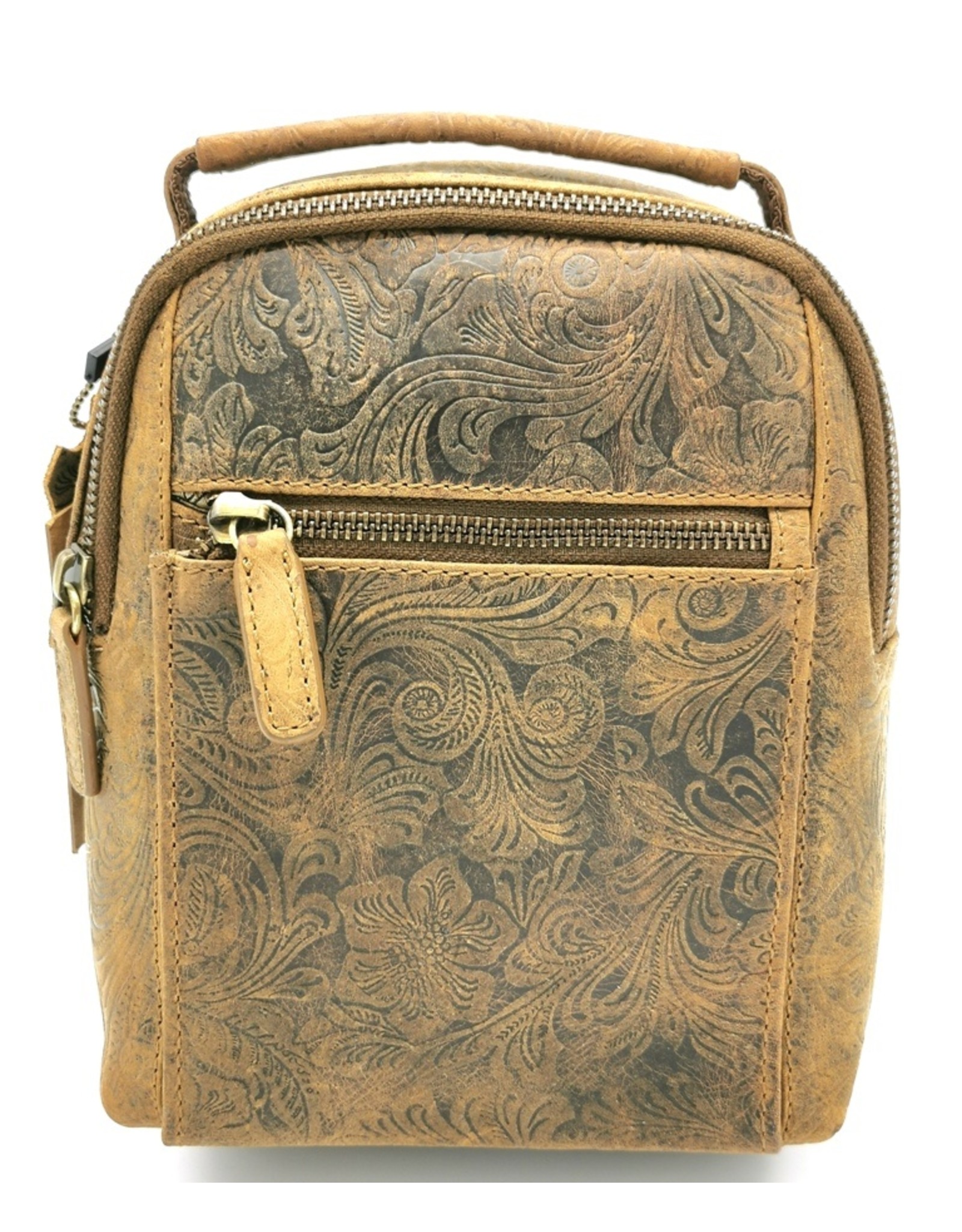 Hunters Leather backpacks  and leather shoppers - Leather Backpack with Relief Flower pattern light brown