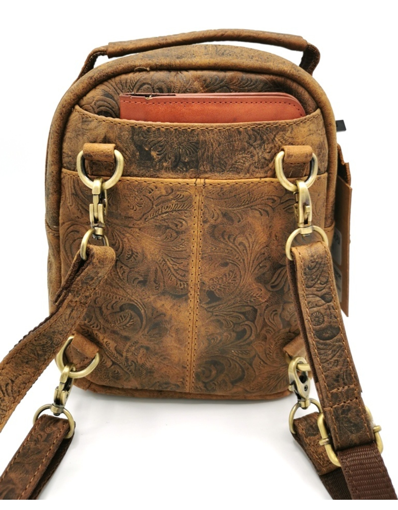 Hunters Leather backpacks  and leather shoppers - Leather Backpack with Relief Flower pattern light brown