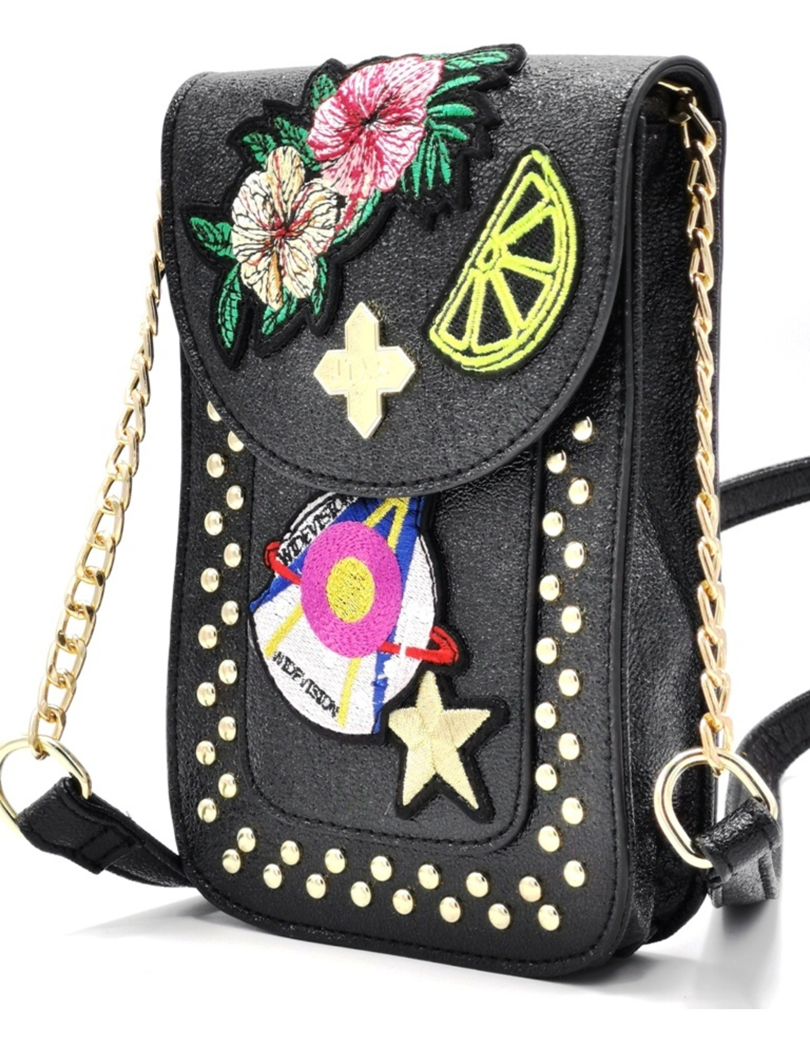 JTXS Avond tassen, Clutches en Portemonnees - Trendy Telefoontasje met patches metallic zwart