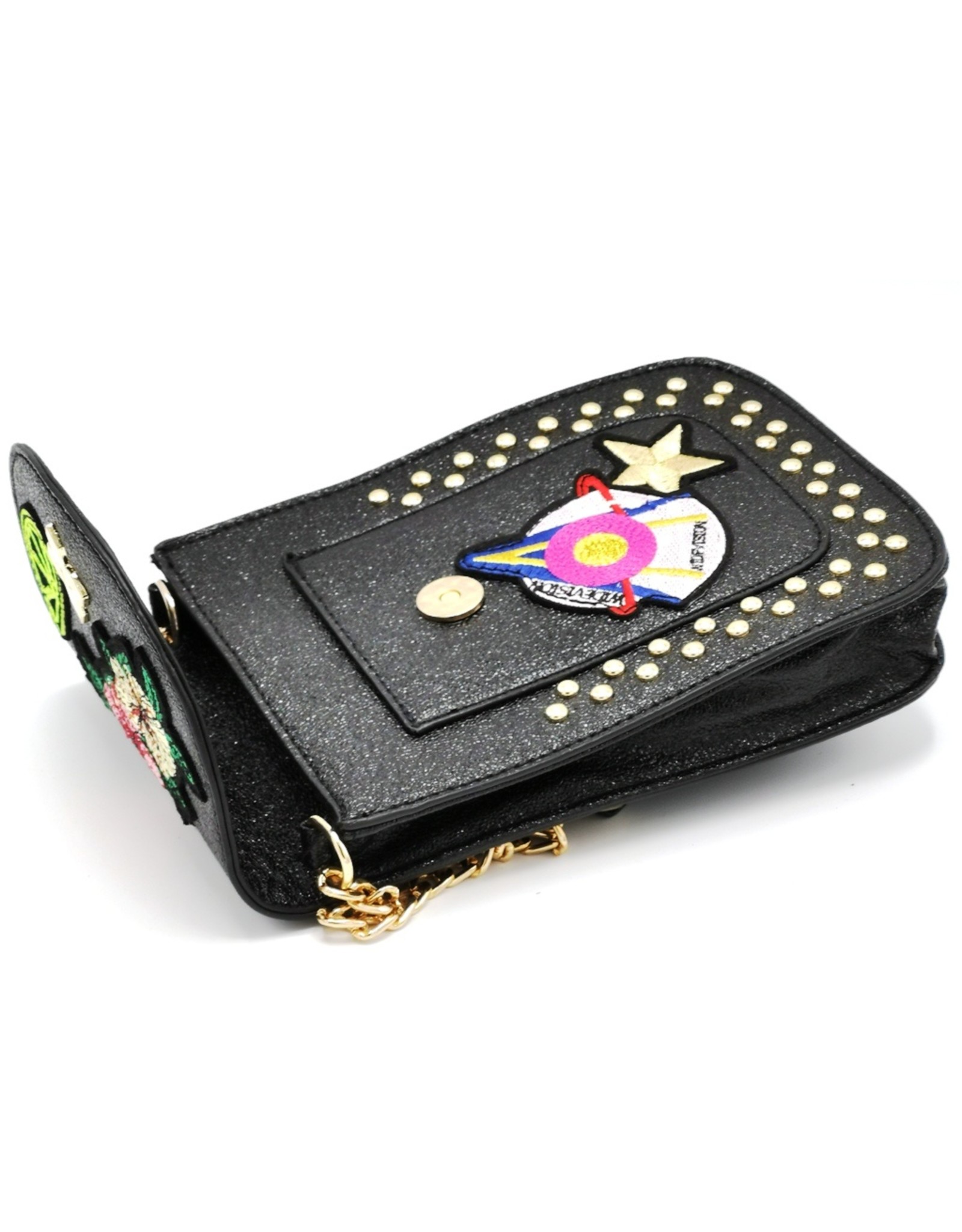 JTXS Avond tassen, Clutches en Portemonnees - Trendy Telefoontasje met patches metallic zwart