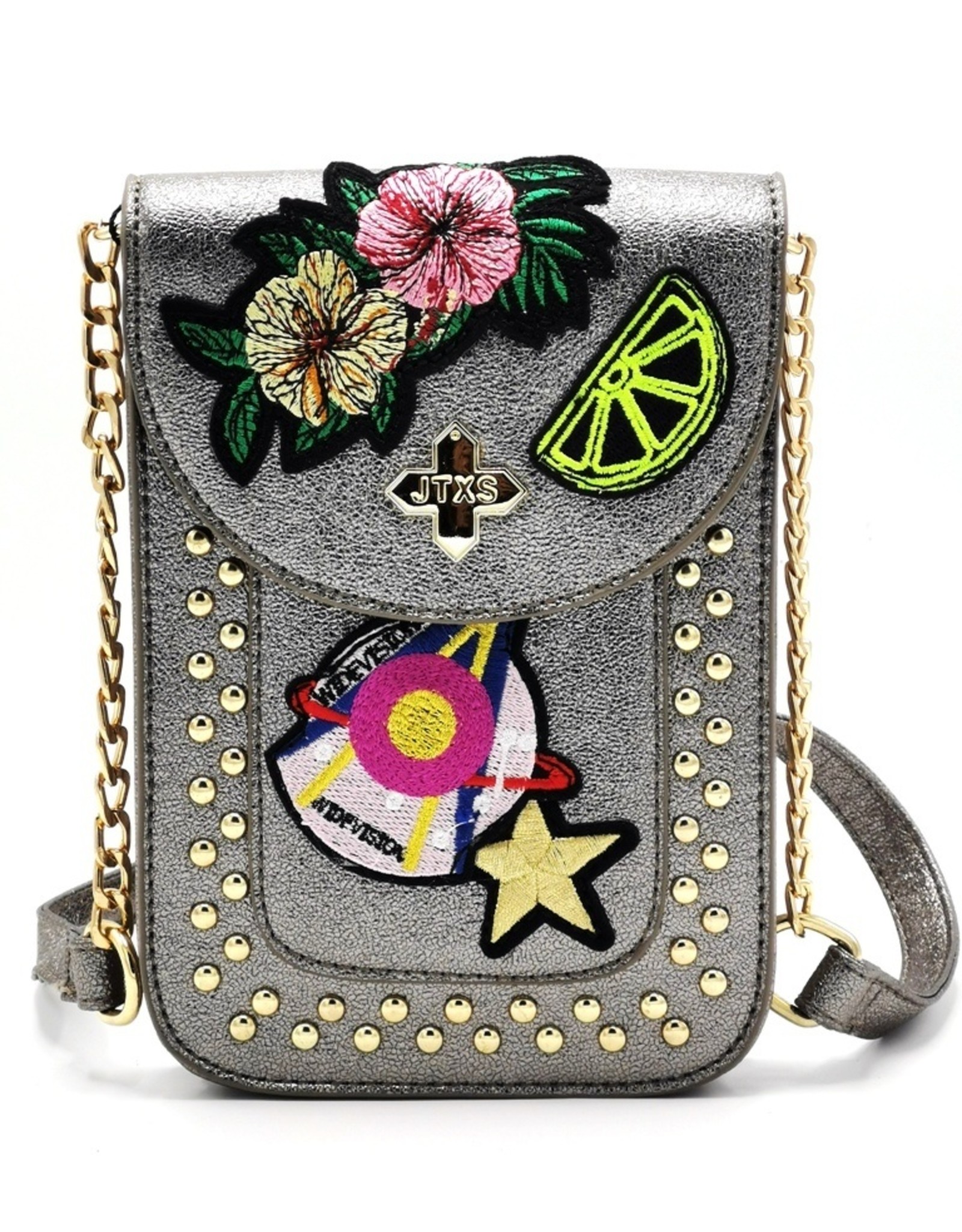 JTXS Avond tassen, Clutches en Portemonnees - Trendy Telefoontasje met patches metallic brons