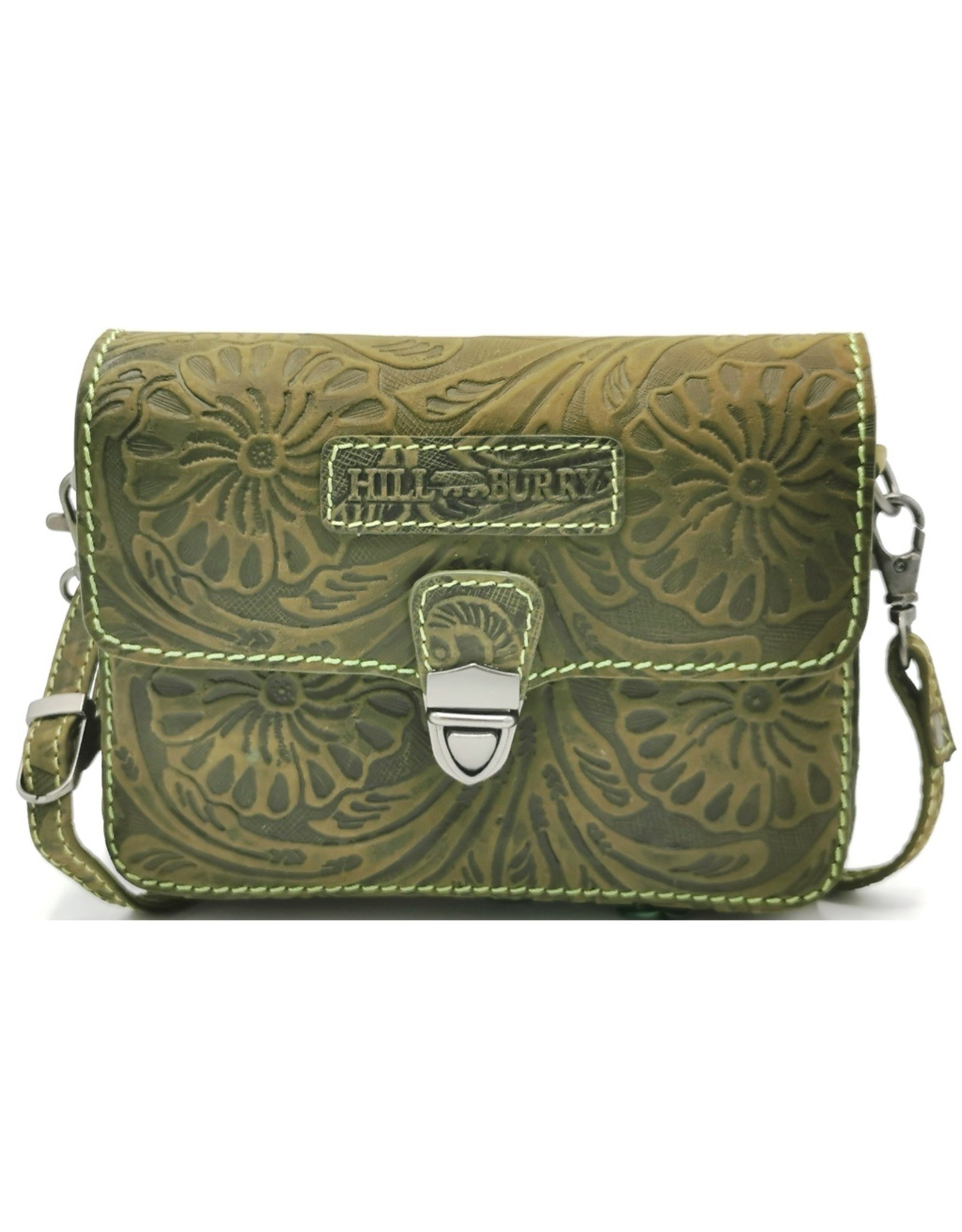HillBurry Leren Festivaltasjes, heuptassen en riemtassen - Leren schoudertasje met Bloemenmotief HillBurry (groen)