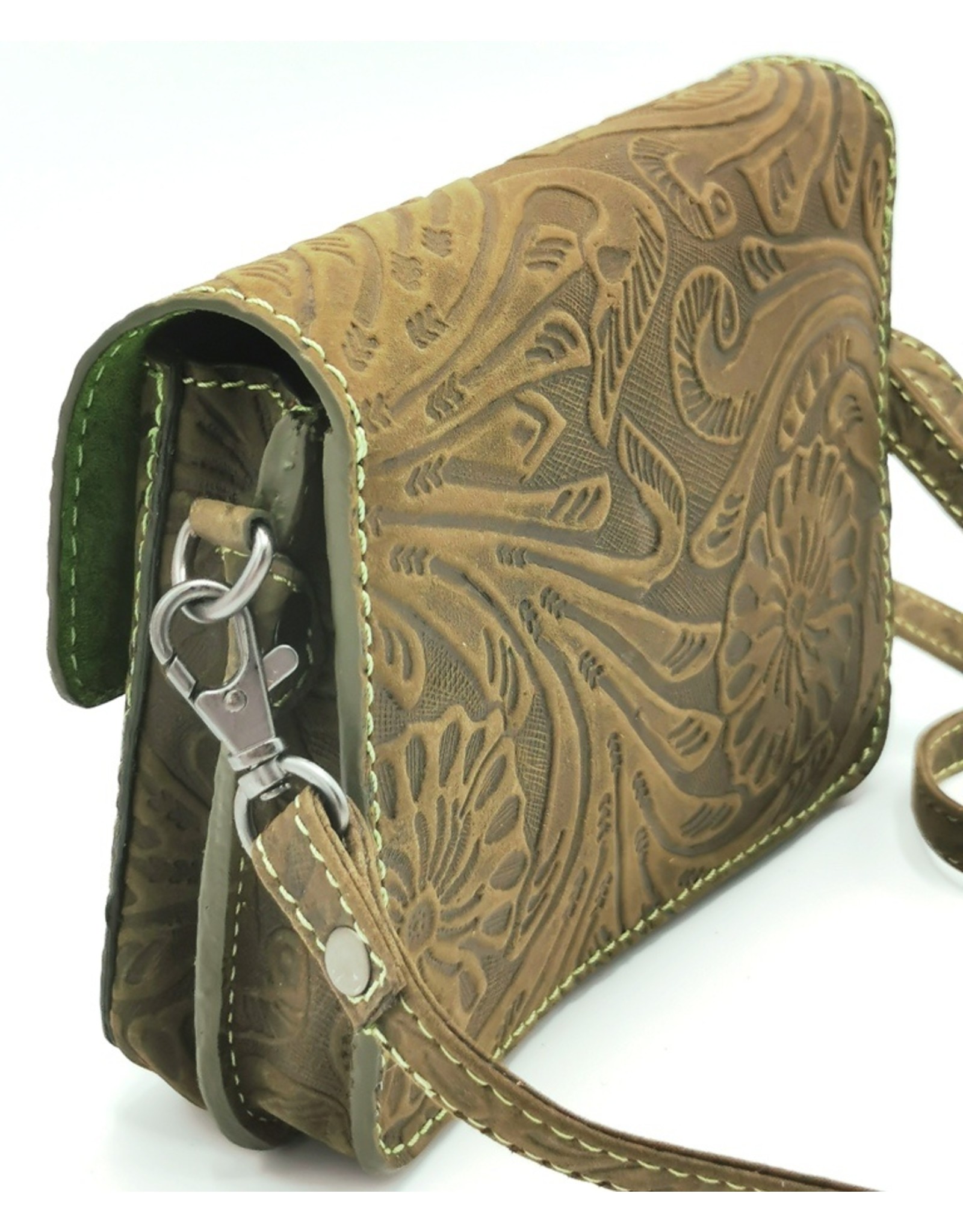 HillBurry Leather Festival bags, waist bags and belt bags - Leather shoulder bag with Flower pattern HillBurry (green)