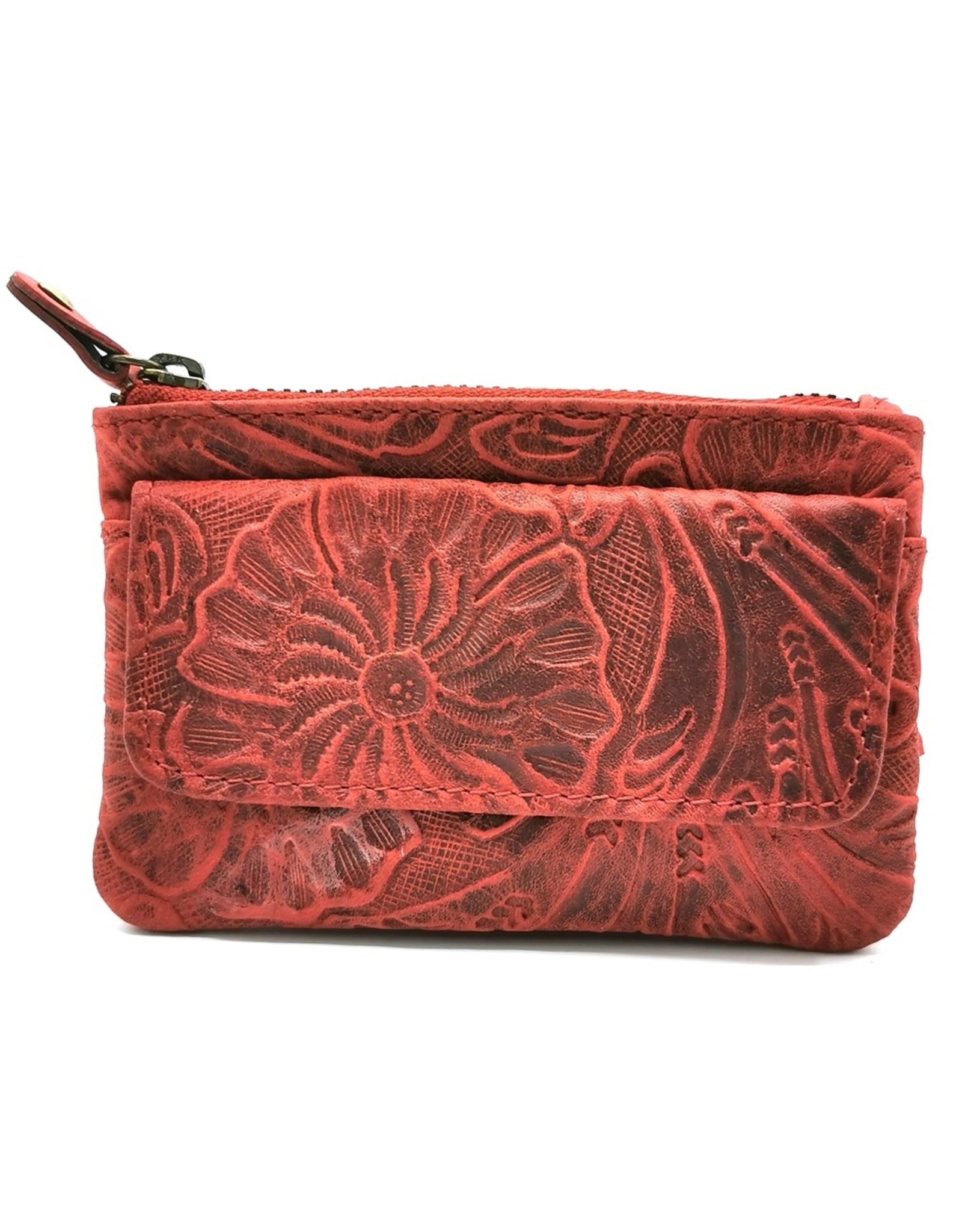 HillBurry Leather Wallets -  Leather key case with embossed flowers (red)