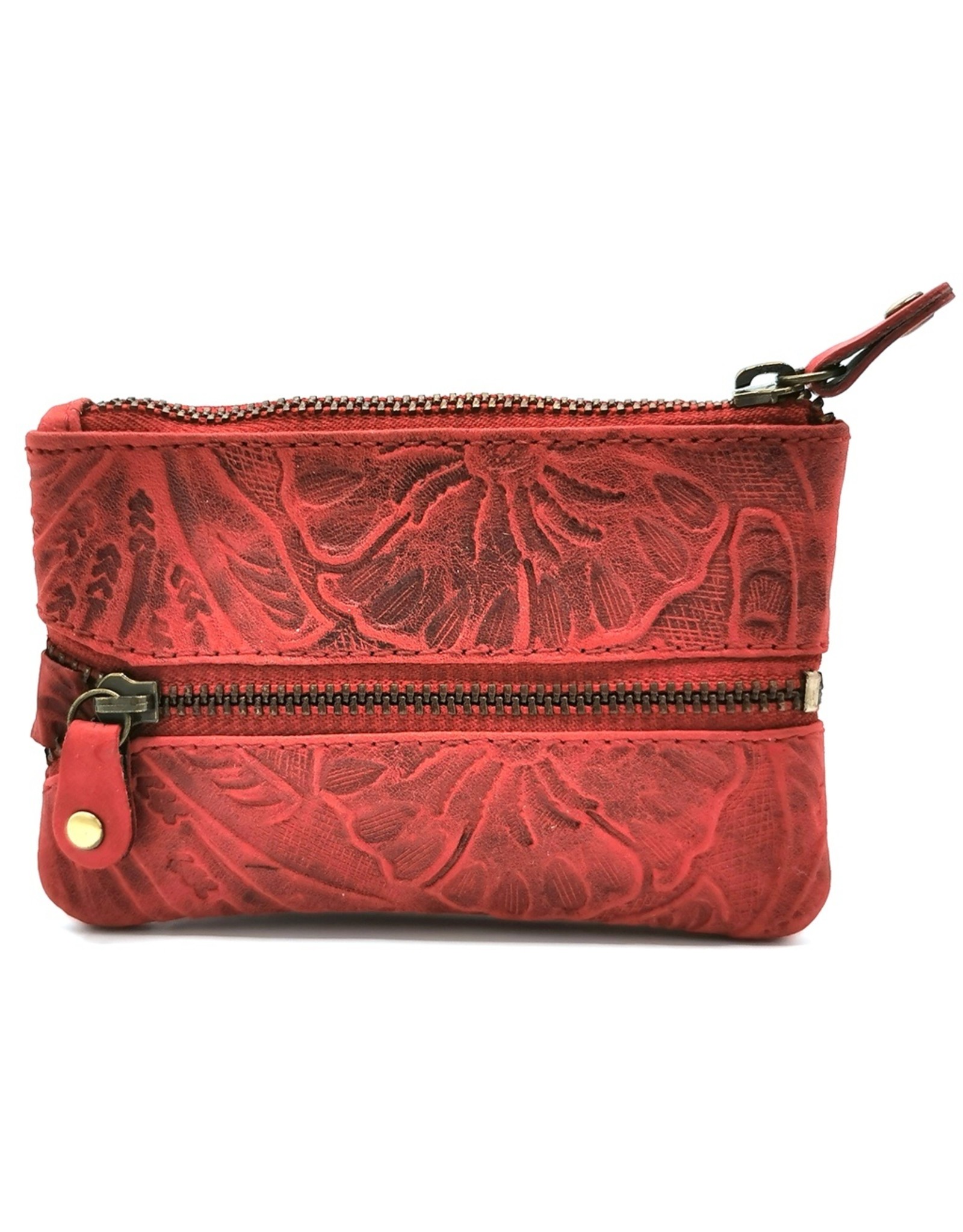 HillBurry Leather Wallets -  Leather key case with embossed flowers (red)