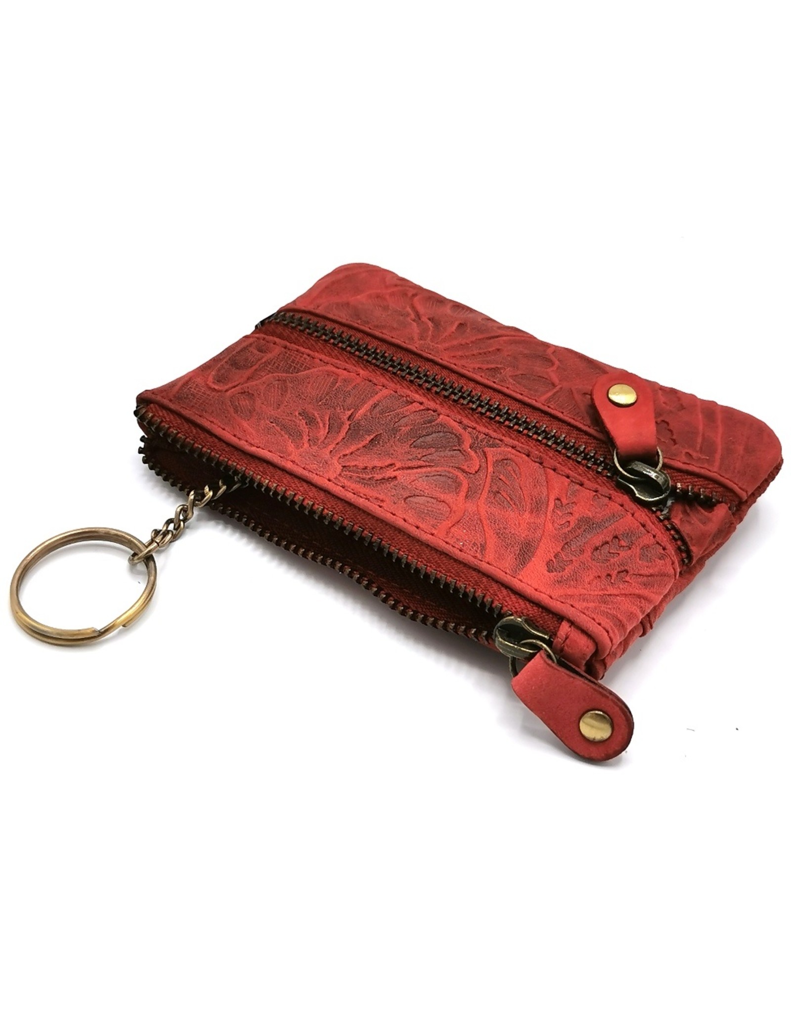 HillBurry Leather Wallets -  Leather key case with embossed flowers (red)